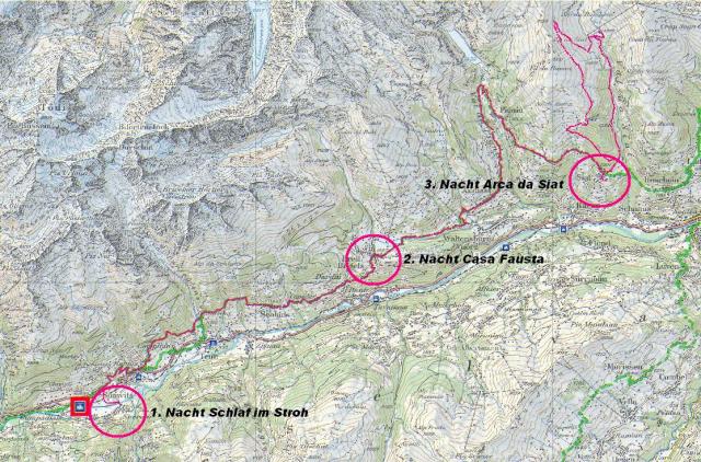 Wegführung von Surrein nach Siat auf der Senda Sursilavana und am letzten Tag zur Alp Ruschein und zurück nach Siat